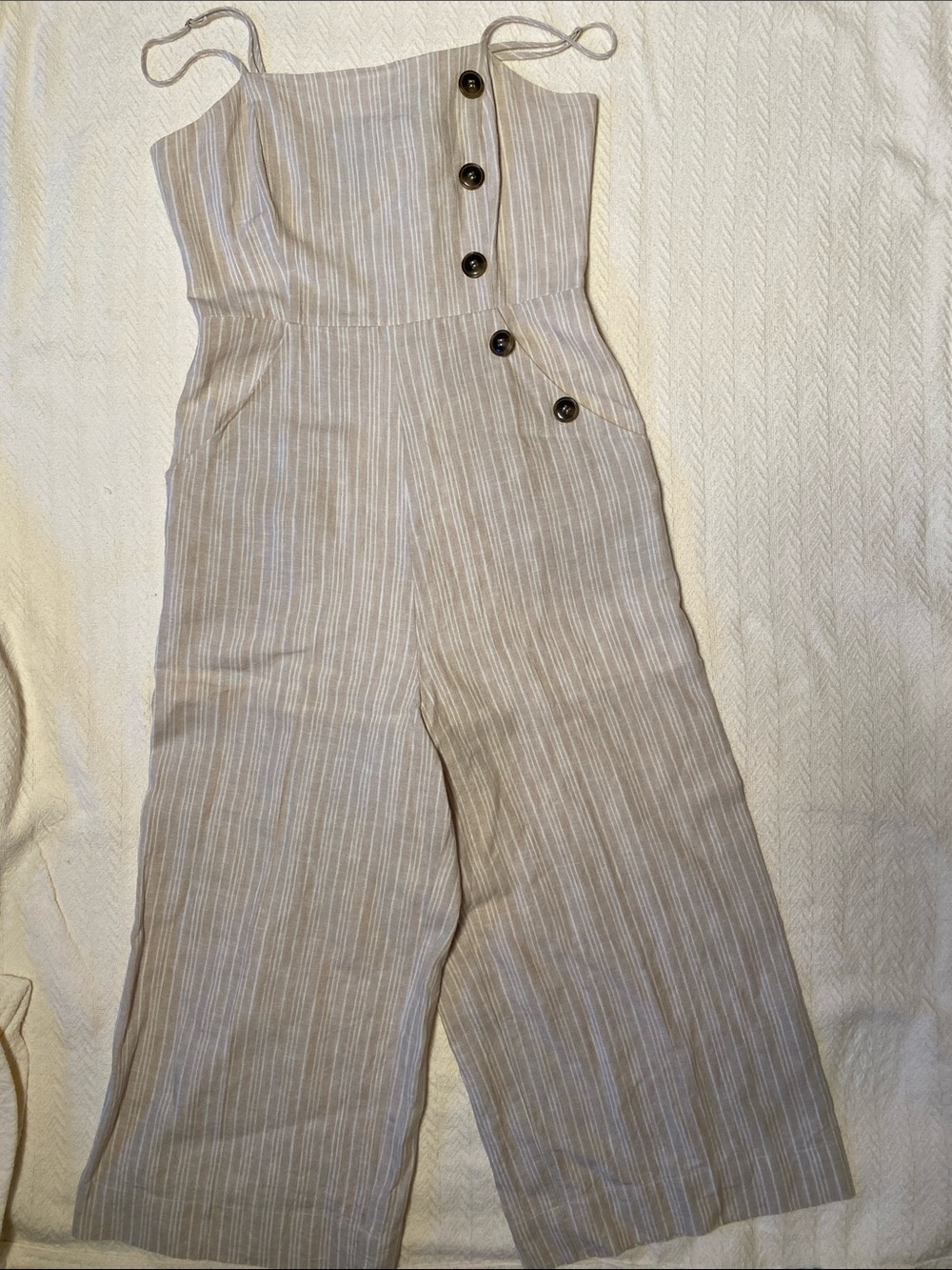 Striped Beige Linen-Blend Jumpsuit with Button Detail